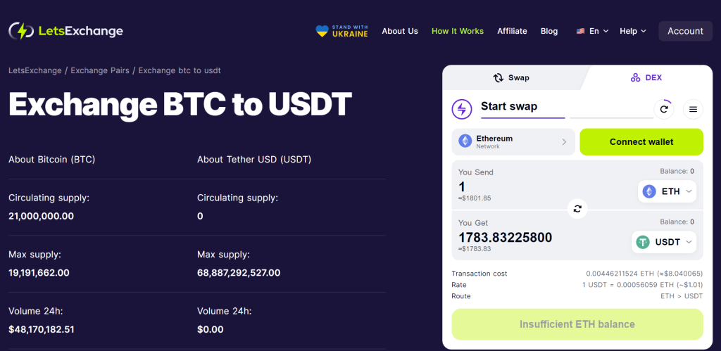 LetsExchange eth to usdt